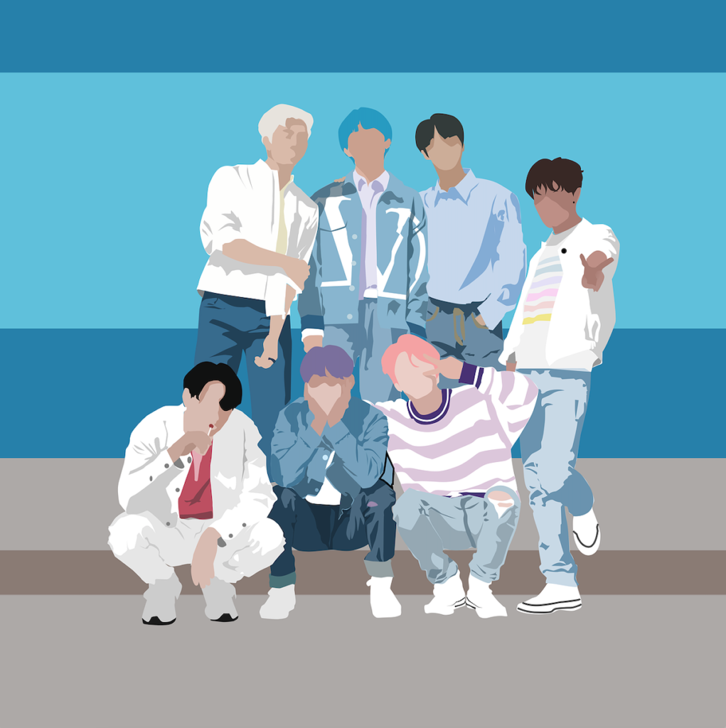 7 men standing in front of a light blue and blue striped wall with a grey floor. The top 4 members have blonde hair, blue hair and brown hair twice. The bottom 3 members have black hair, purple hair and pink hair. All of the men are wearing pastel colours, such as blue, white and pink. They are all wearing a shirt or jumper, trousers and shoes. K-Pop is one thing about me that I like