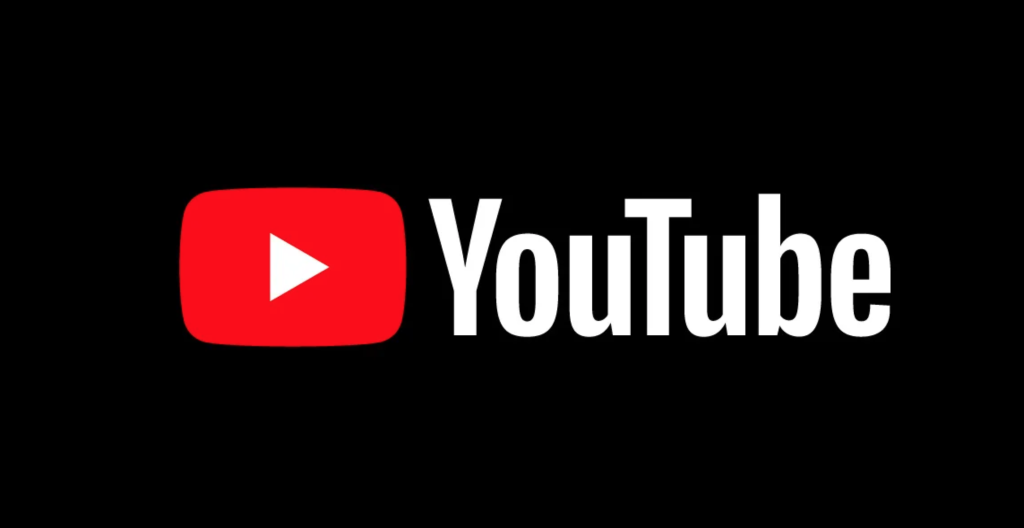 The YouTube logo, which is a red rectangle with a white horizontal facing to the right equilateral triangle in the middle of the rectangle. To the right of the logo is the words YouTube in white on a black background